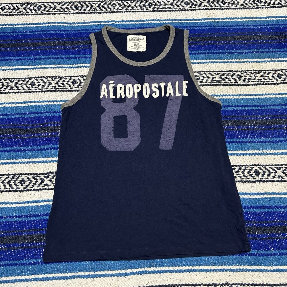 Aeropostale Mens 87 Graphic Tank Top Blue Crest Navy Sleeveless Shirt Medium